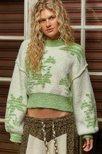 Mock Neck Lime & Cream Cropped Sweater