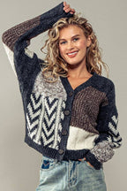 Patchwork Cable Knit V Neck Cardigan