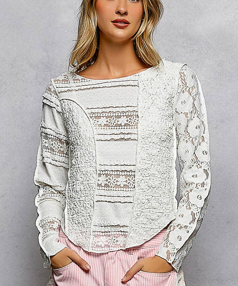 Long Sleeve Round Neck Lace Texture Knit Slim Fit Top