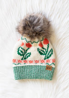 Ivory Cherry Pattern Pom Hat