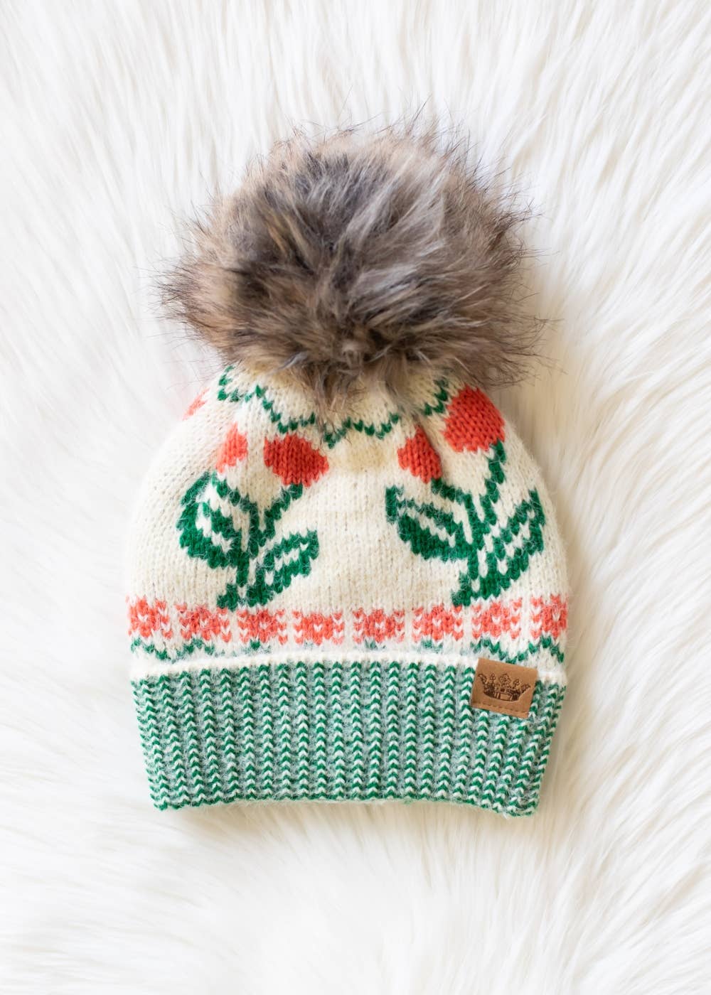 Ivory Cherry Pattern Pom Hat