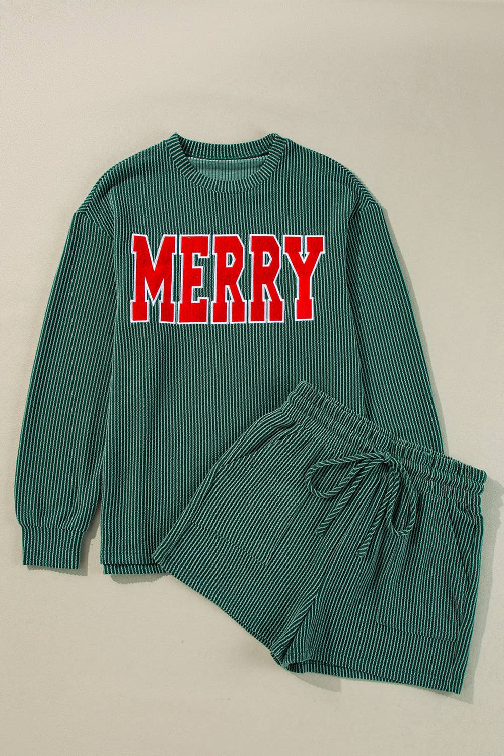 "MERRY" Graphic Long Sleeve Top and Shorts Set