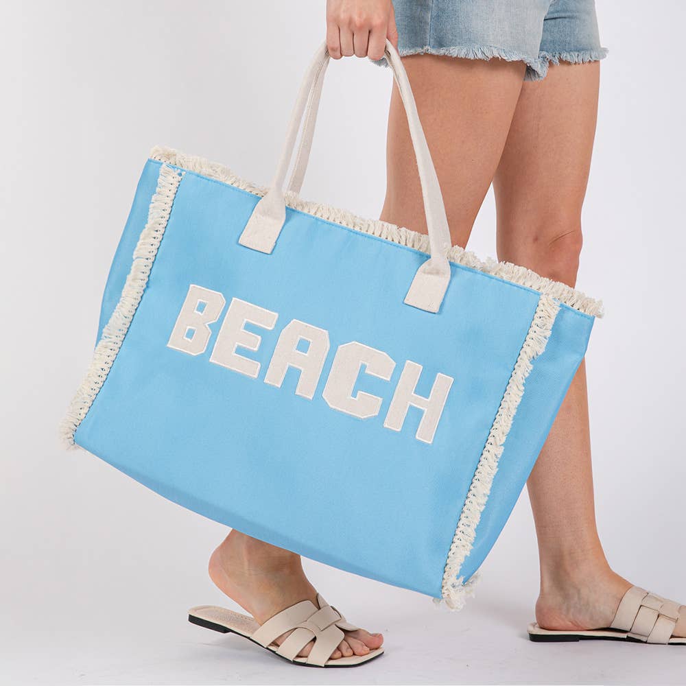 "Beach" Embroidered Fringe Tote Bag