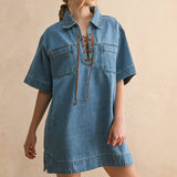 Suede Lace Up Denim Shirt Dress
