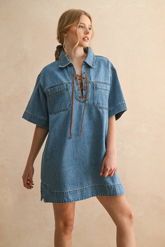 Suede Lace Up Denim Shirt Dress