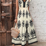 Floral Motif Ruffled Sleeve Slit Dress