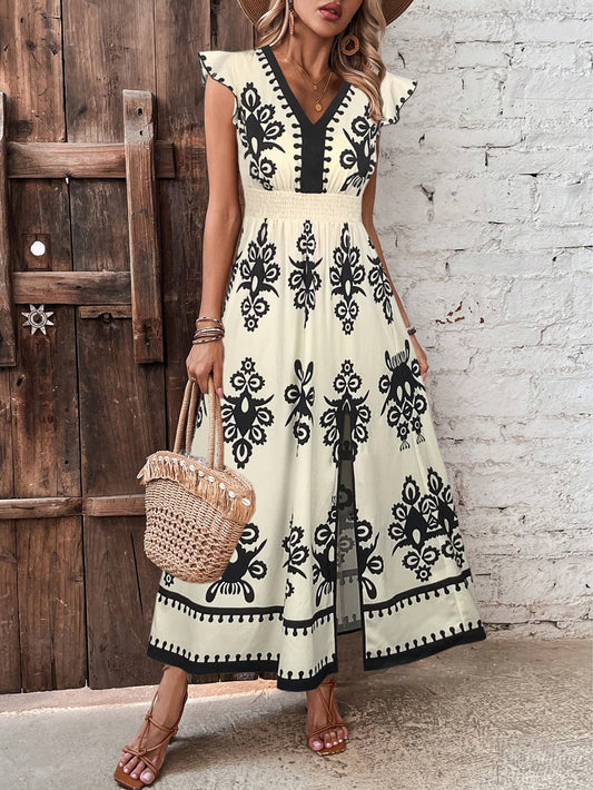Floral Motif Ruffled Sleeve Slit Dress