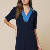 Denim Trim V-Neck A-Line Dress