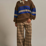 Striped Rugby Polo Sweater With Contrast Collar