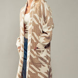Exaggerated Houndstooth Open Front Knit Cardigan