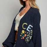 Multicolor Floral Embroidery PEACE Letter Knit Cardigan