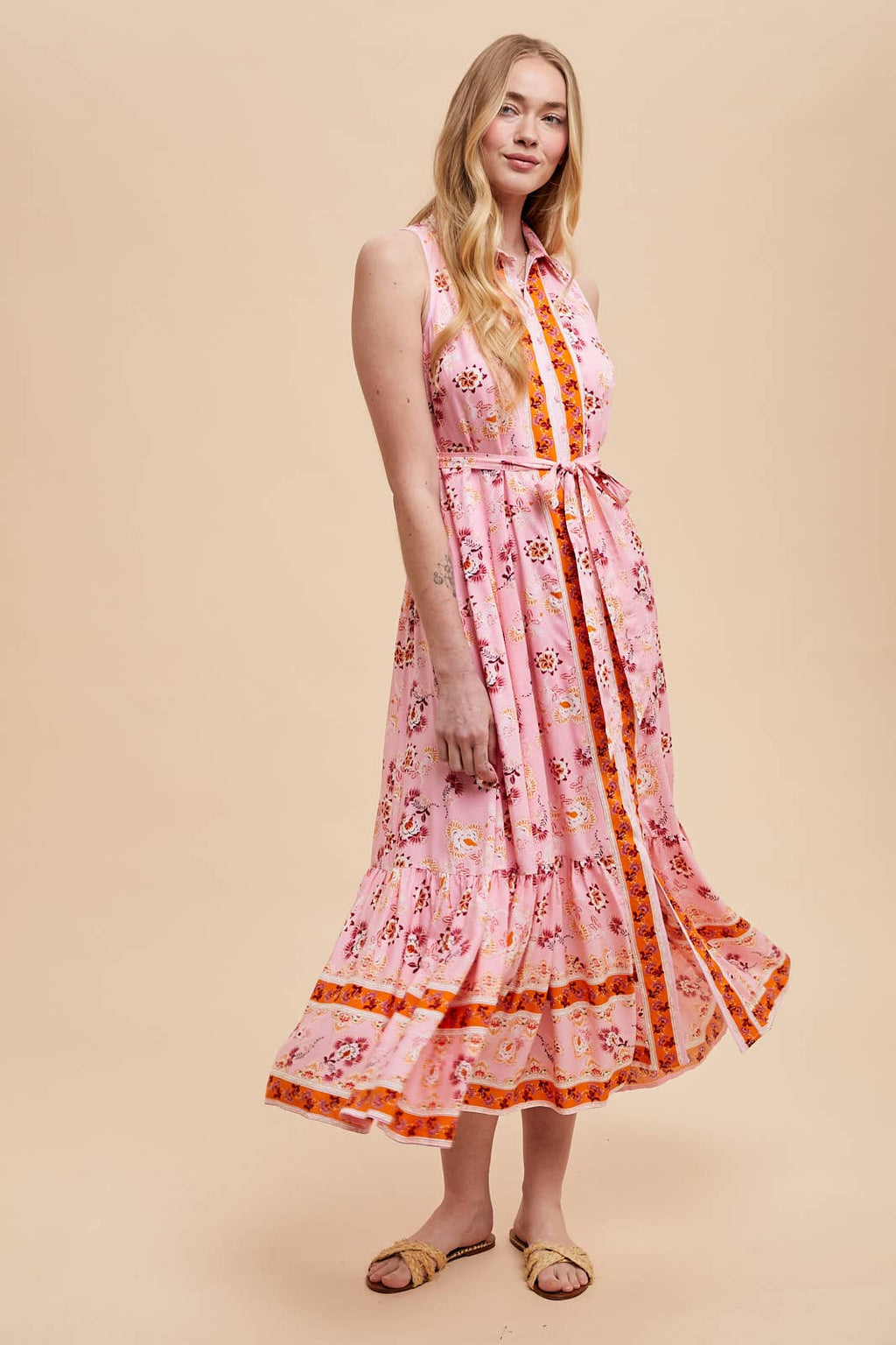 Printed Lapel Button Down Maxi Dress