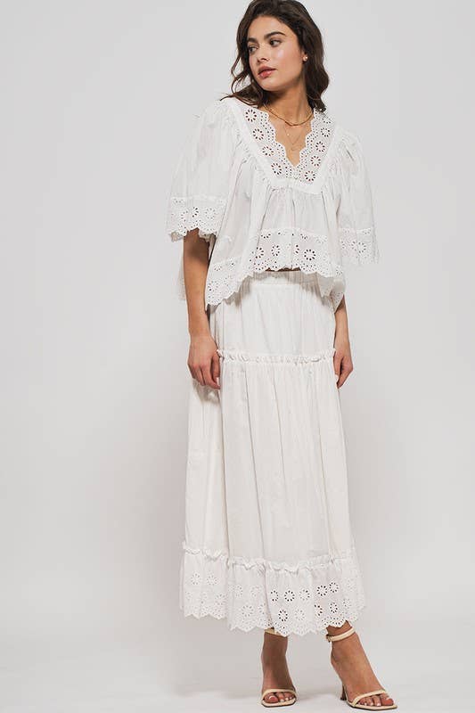 Laced Eyelet Tiered Midi Skirt