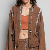Vintage Washing Solid Laser Cut Thermal Knit Hoodies Top