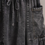 Washed Denim Utility Wide Leg Pants With Cargo Pockets