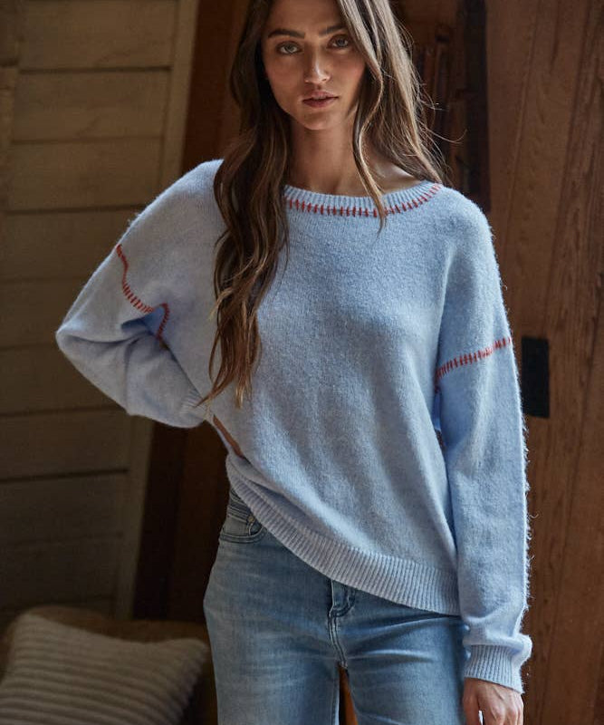 Thick Stitch Detail Blue Sweater
