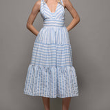 Textured Stripe Cross-Back Tiered Dress