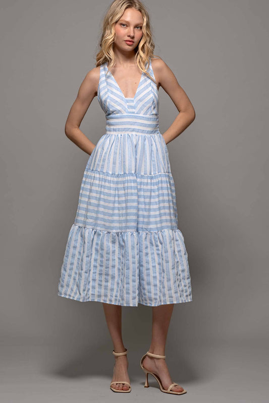 Textured Stripe Cross-Back Tiered Dress