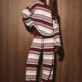 CREW NECK MULTI STRIPE SWEATER WITH WIDE LEG PANTS