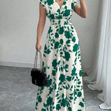Smocked Waist Cap Sleeve Floral Print Maxi Dress