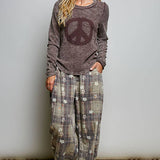Vintage Washing Solid Peace Stud Outseam Thermal Knit Top
