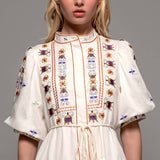 Embroidered Balloon Sleeve Midi Dress