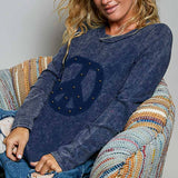 Vintage Washing Solid Peace Stud Outseam Thermal Knit Top