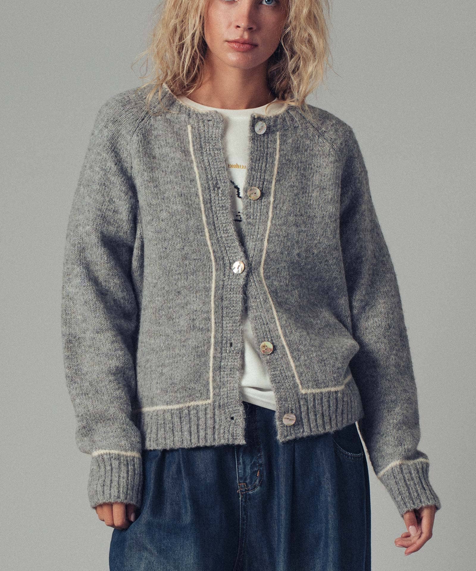 Contrast Trim Boho Knit Button Cardigan