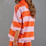 Colorblock Striped Half Zipper Top Shorts Athleisure Set