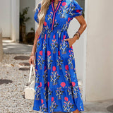 Floral Puff Sleeve V Neck Maxi Dress