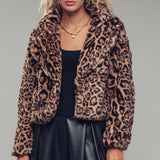 Cropped Faux Fur Leopard Print Bomber Jacket