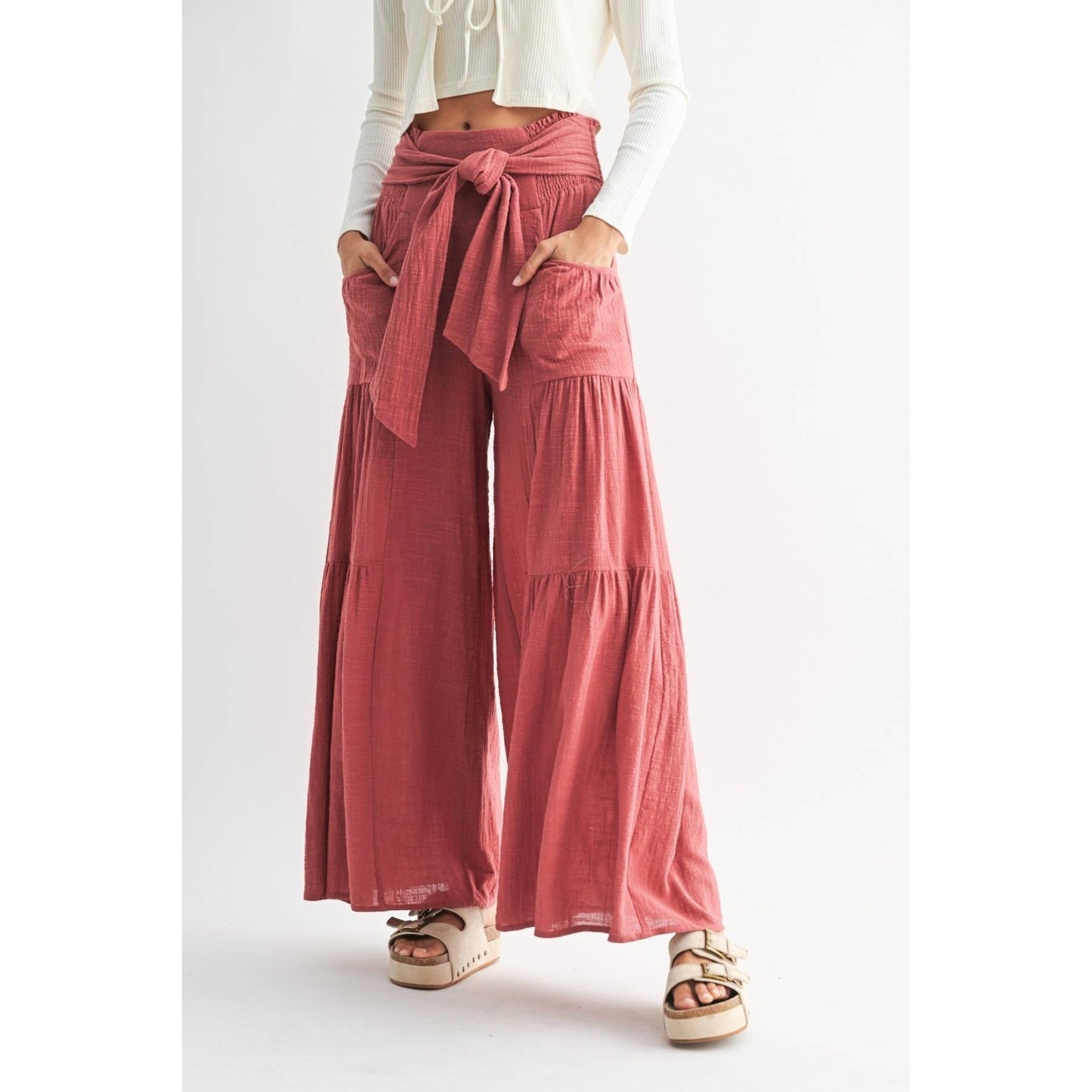 English Red Tiered Wide Leg Pants