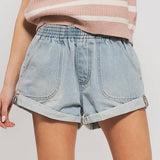 Spring Elastic Waist Cuffed Print Shorts