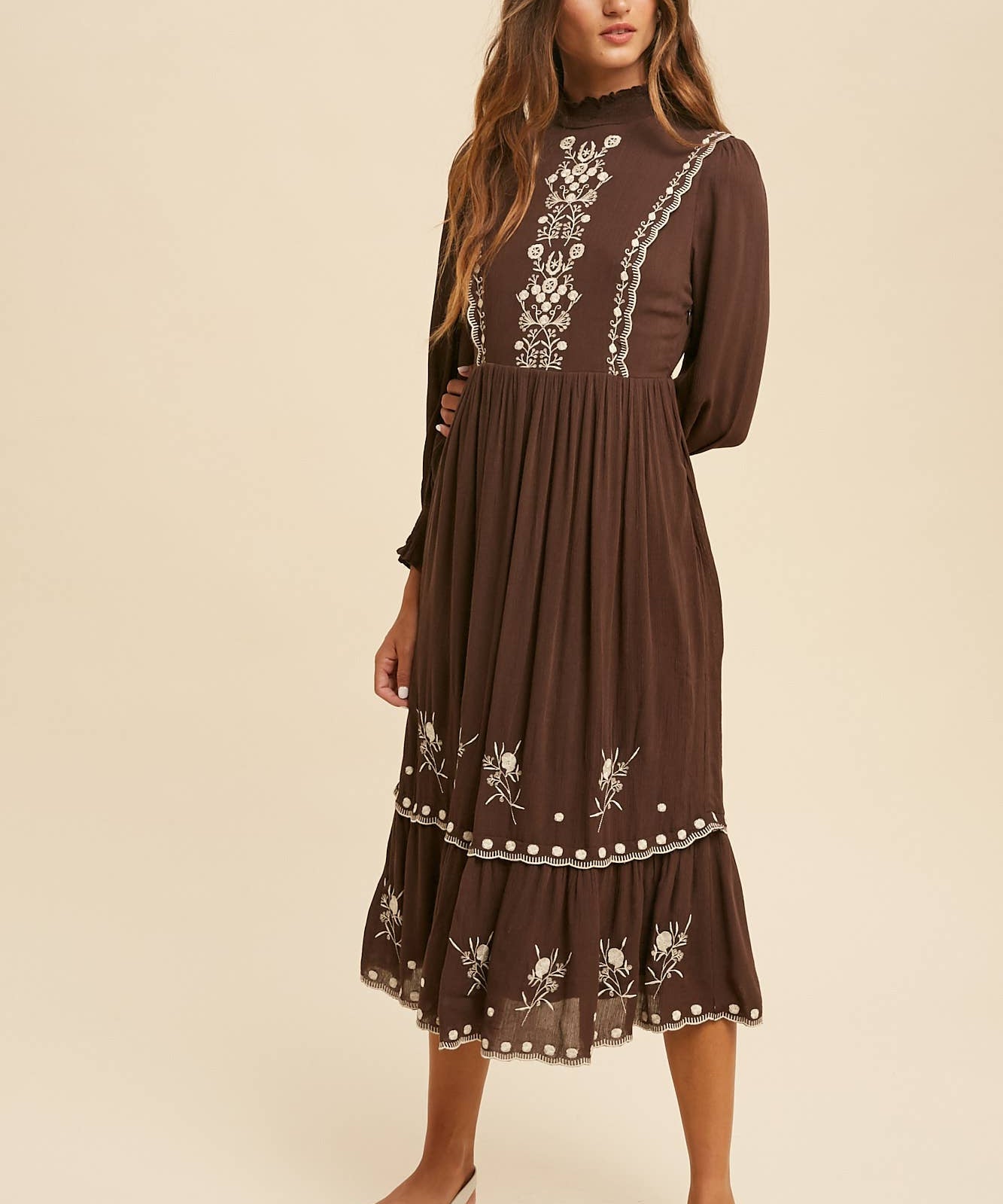 Smocked Neck Embroidered Midi Dress