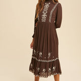 Smocked Neck Embroidered Midi Dress