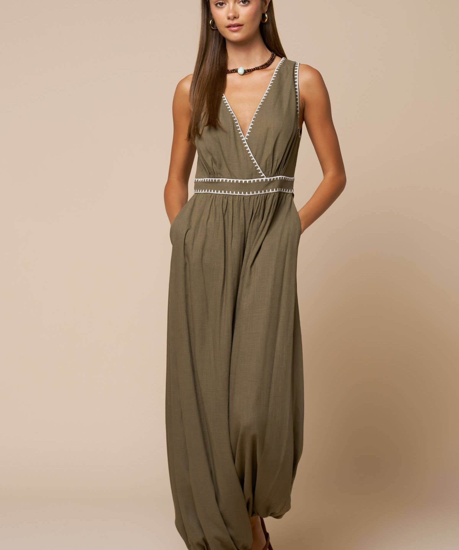 Summer Surplice Contrast Stitch Romper
