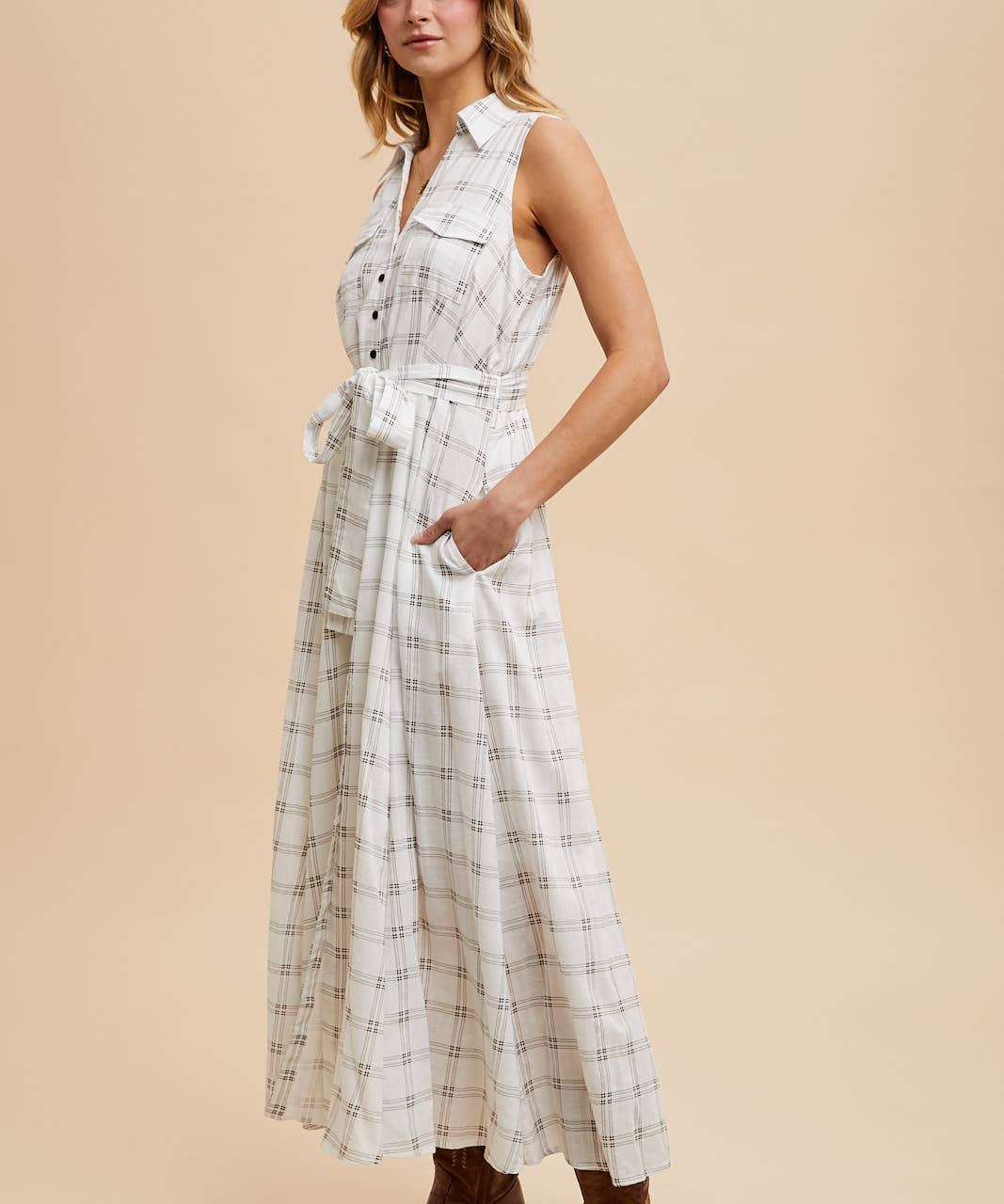 Checkered Lapel Button Down Dress