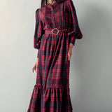 Plaid Belted Layered Button Down Balloon Sleeve Maxi Dress