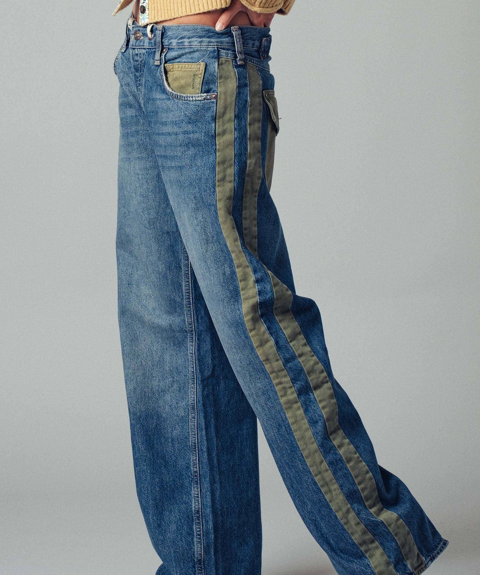 Wide-Leg Utility Stripe Denim Jeans