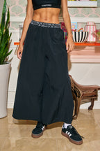 Letter Elastic Waist Wide Leg Nylon Pants
