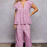 V-Neck Floral Pattern Ruffle Sleeve Top