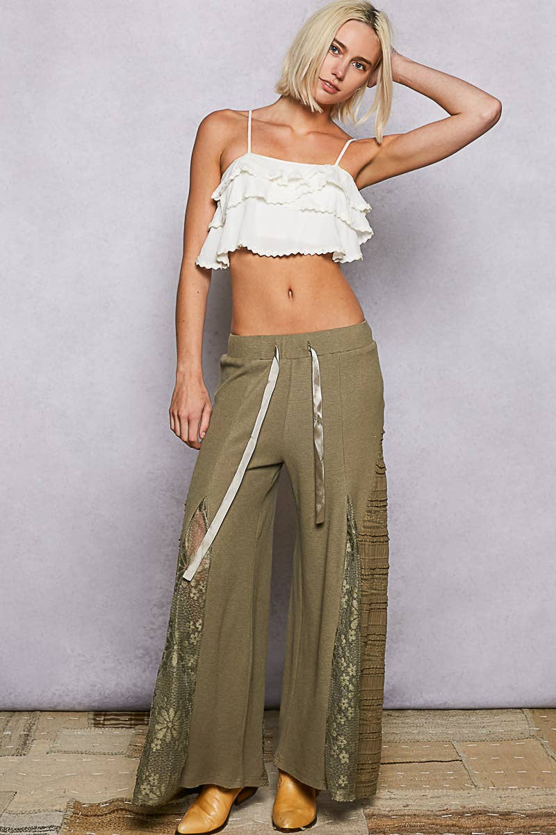 Lace Contrast Wide Leg Pants