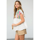 Embroidered Babydoll Tassel Tie Top