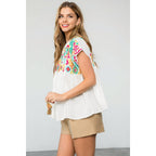 Embroidered Babydoll Tassel Tie Top