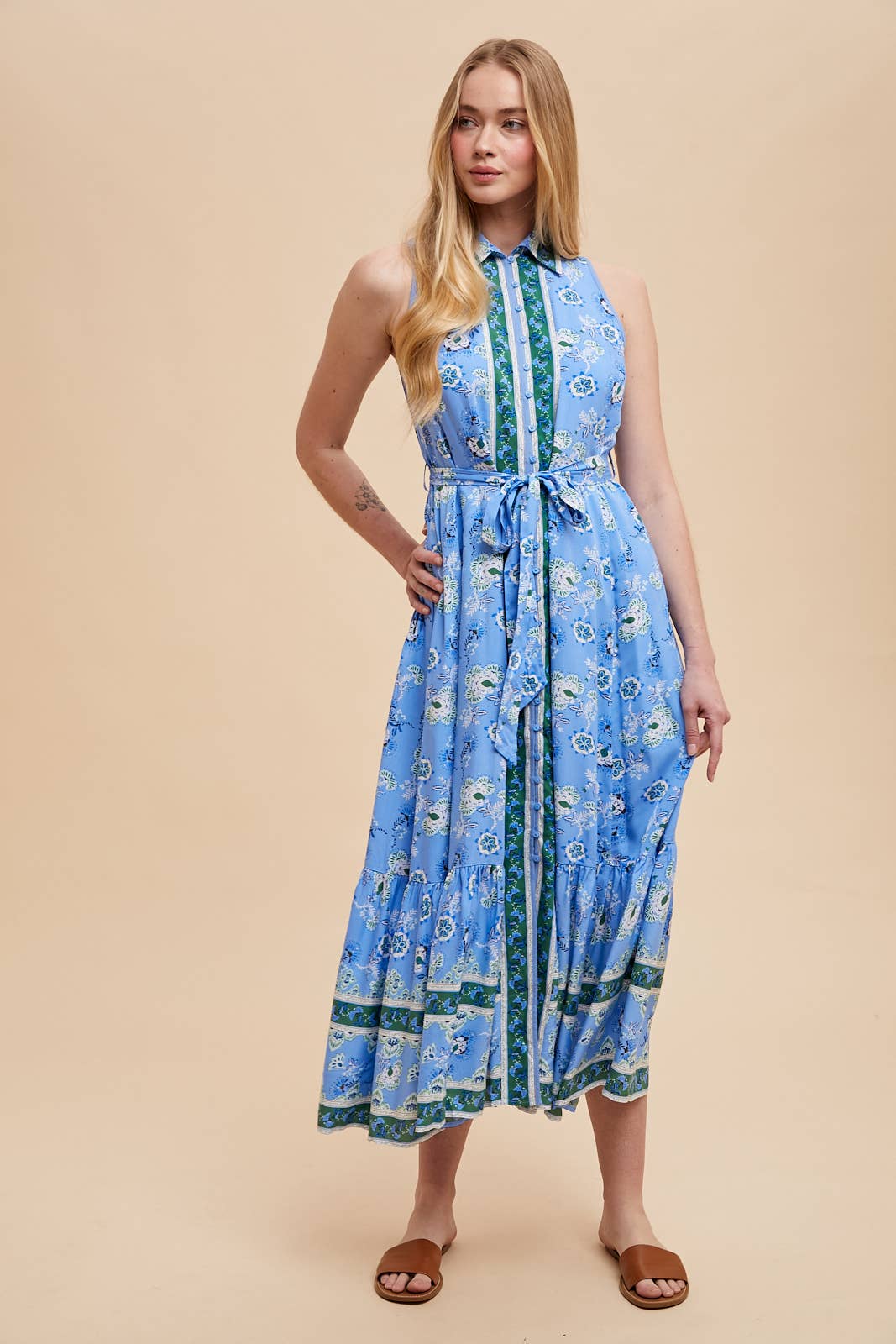 Printed Lapel Button Down Maxi Dress