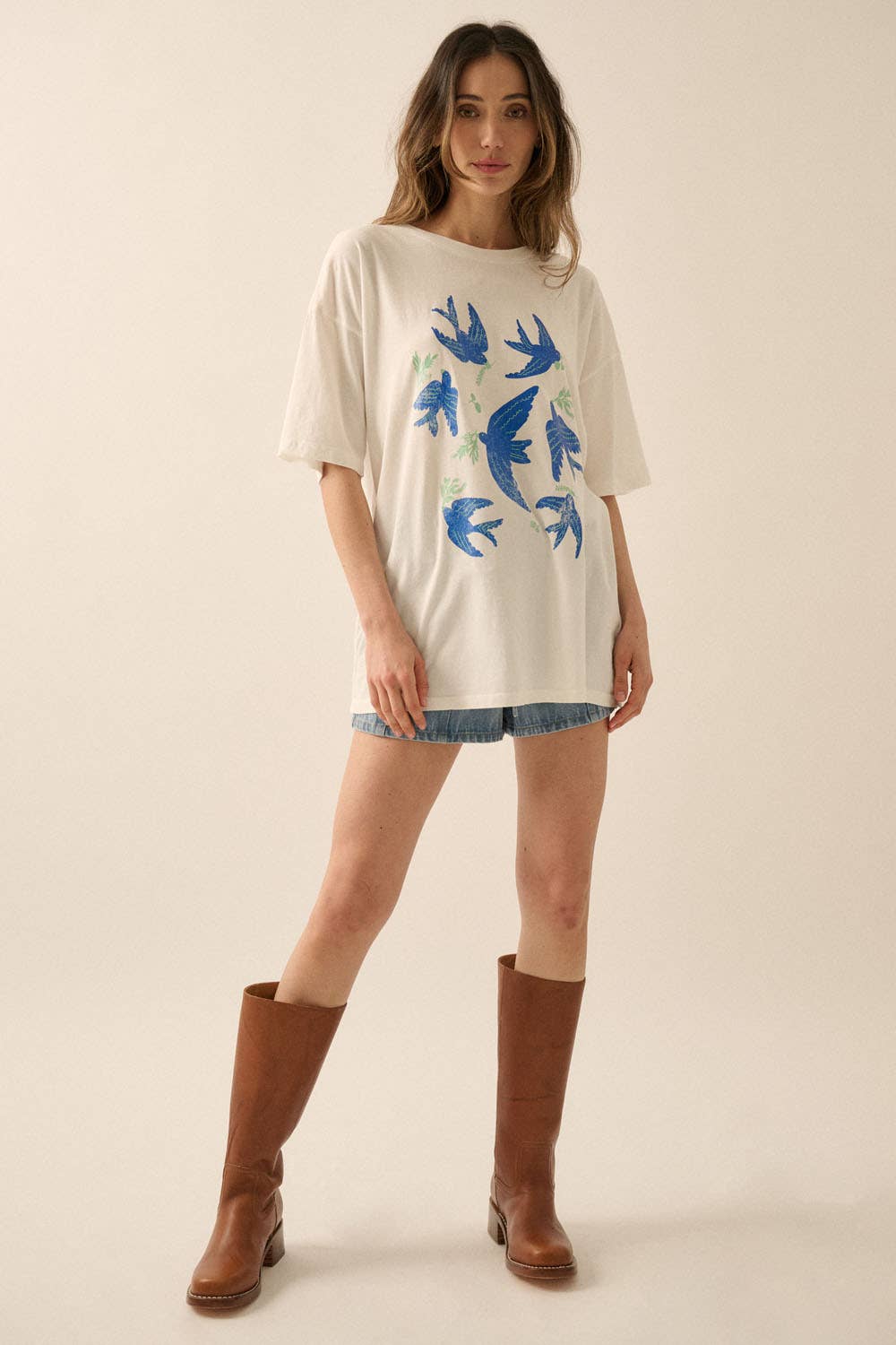 Vintage Blue Birds Oversized Graphic Tee