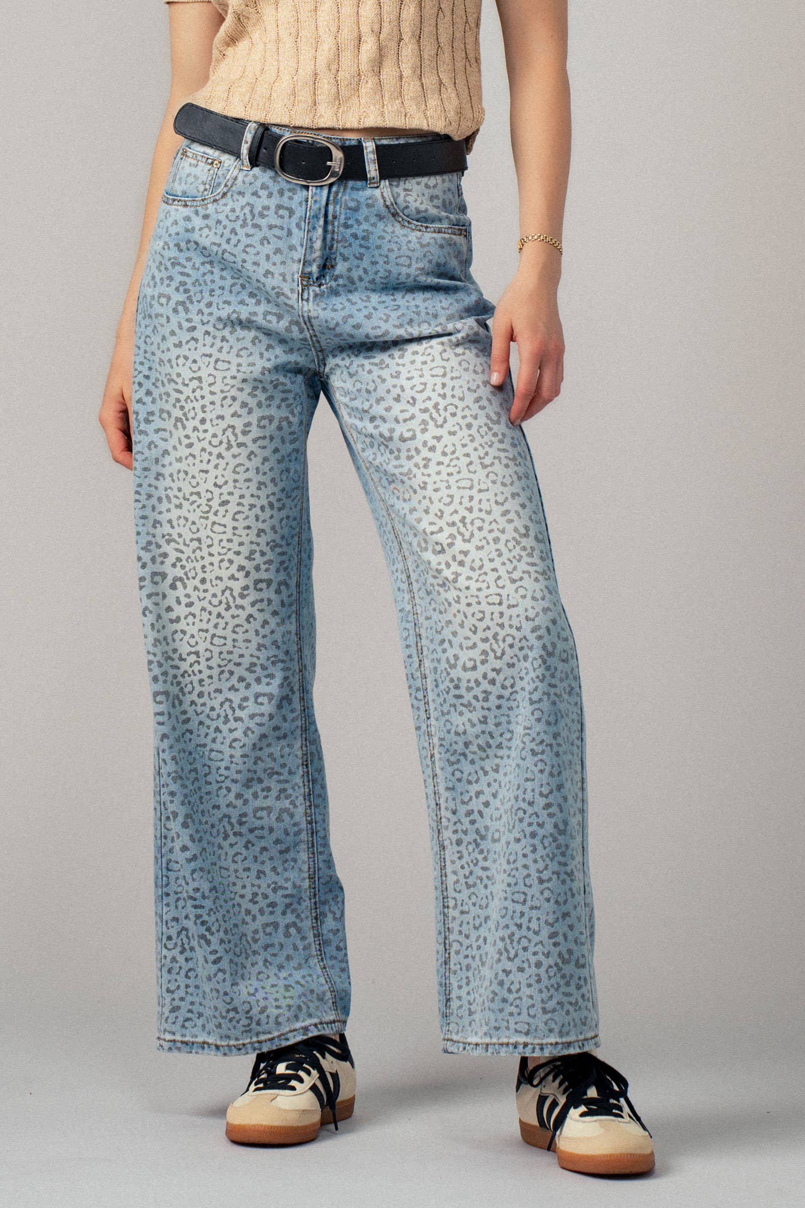 Leopard Print Wide-Leg Denim Pants