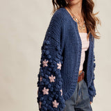 Hand Knit Floral Bobble Sleeve Cardigan LSW1097