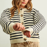 J6774   STRIPED PATTERN BUTTON FRONT KNITTED CARDIGAN