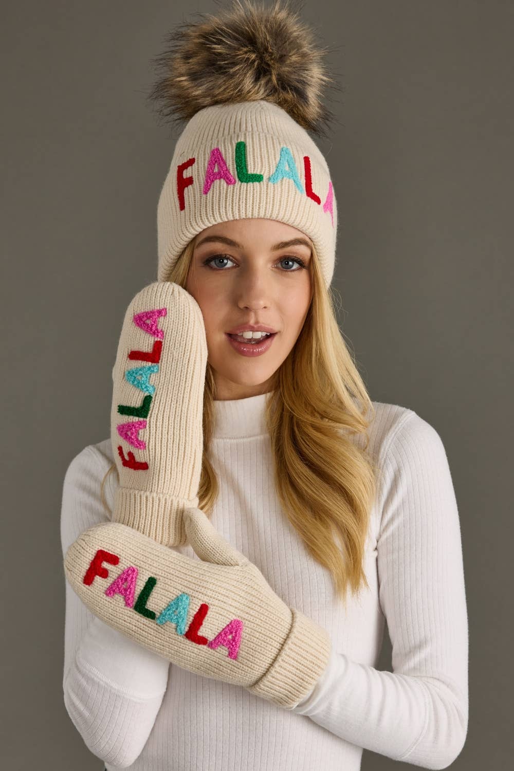 Beige "Fa-La-La" Knit Pom Hat